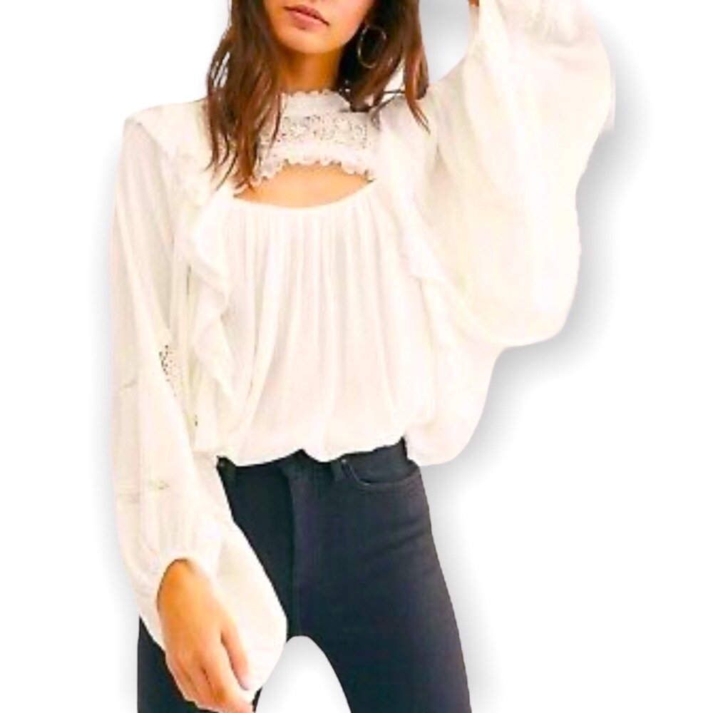 🎉HP Free People Sm Off White Lover of Mine Gauzy Crochet Lace Romantic Bodysuit